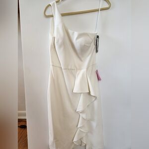 Betsy & Adam White Ruffle Dress, One Shoulder, NWT Size 8